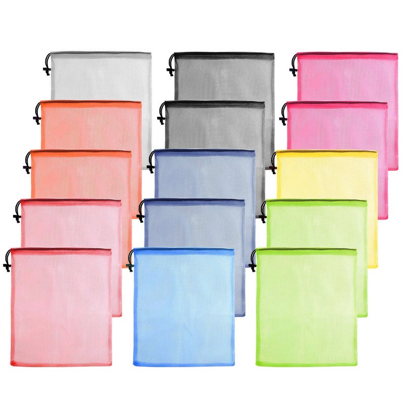 KUUQA 15 Pcs Mesh Drawstring Bags, Nylon Mesh Stuff Sacks for Storage, Travel, Sports (9 Colors) - Image 1